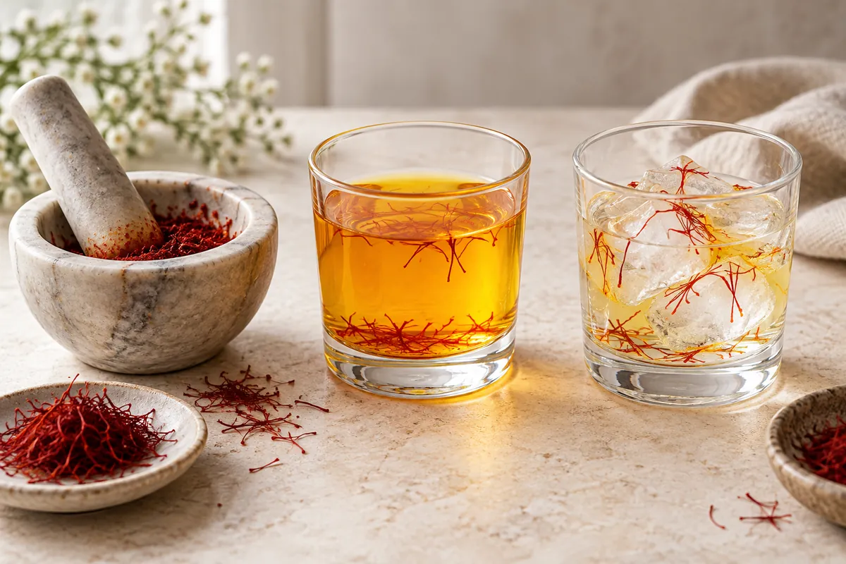 هاون زعفران و دو روش دمکردن آن با آب گرم و یخ