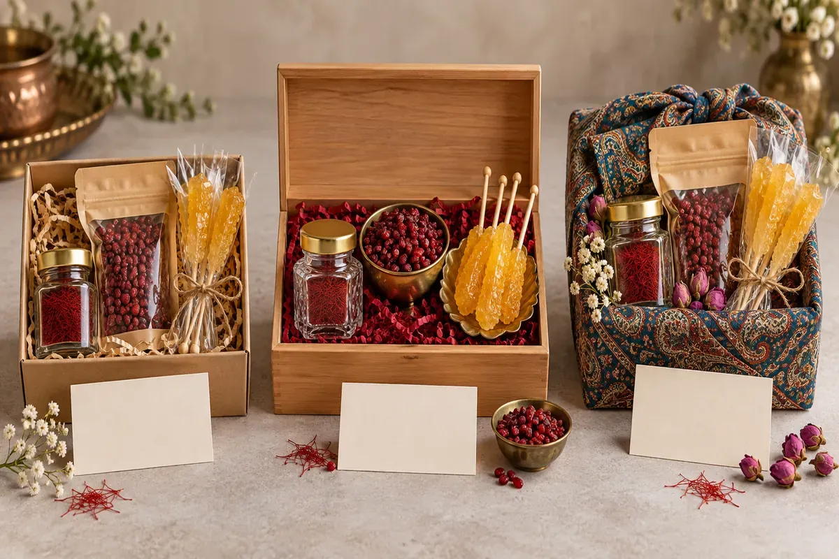 سه ترکیب ساده برای پک هدیه زعفران، زرشک و نبات روی میز خنثی