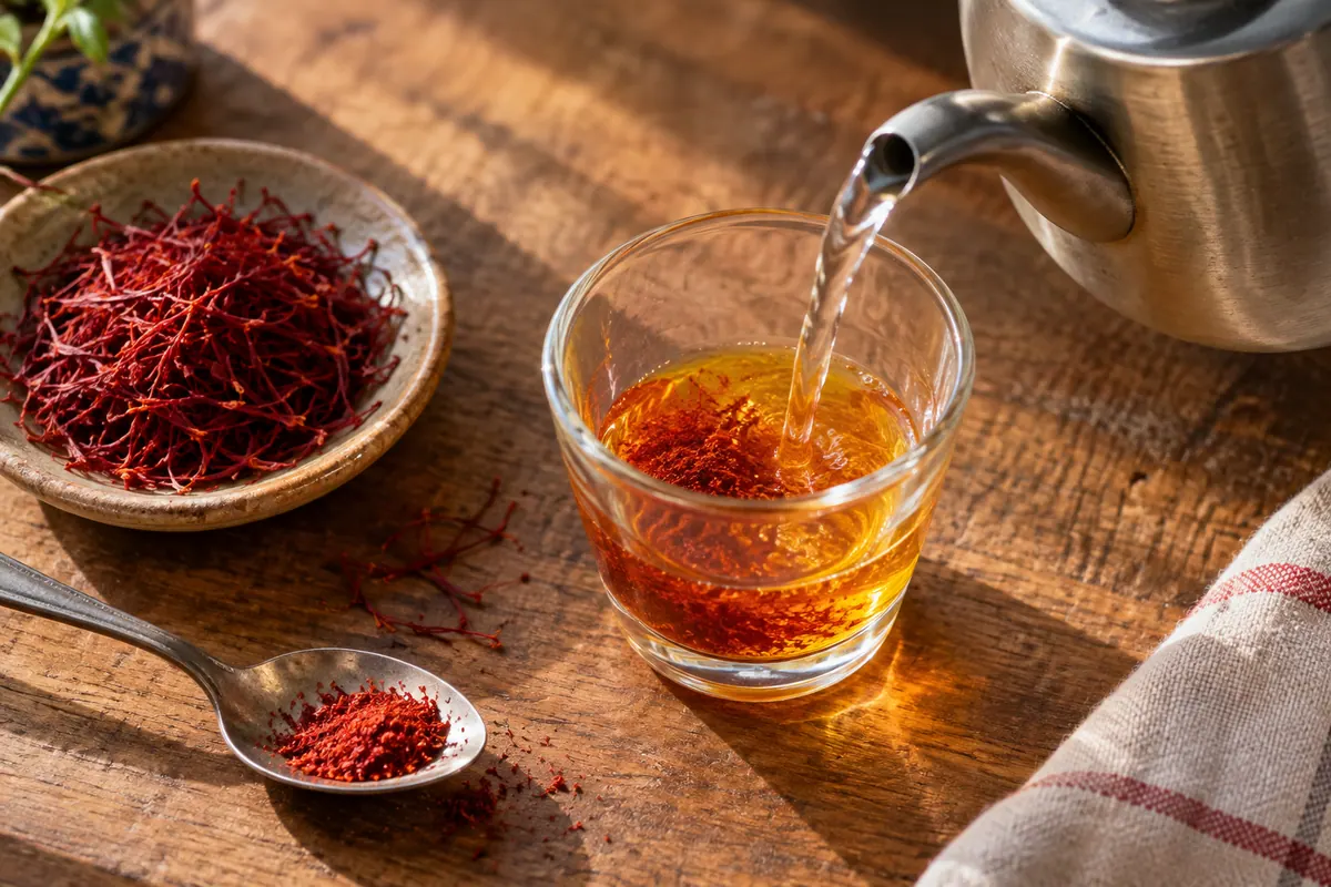 آب داغ در فنجان کوچک حاوی زعفران ساییدهشده ریخته میشود