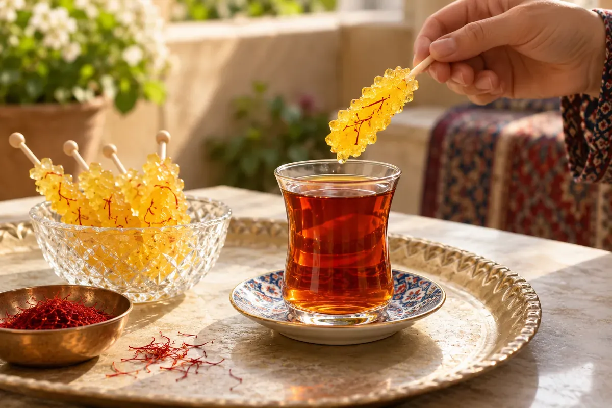 نبات زعفرانی چوبی بالای استکان چای در سینی پذیرایی
