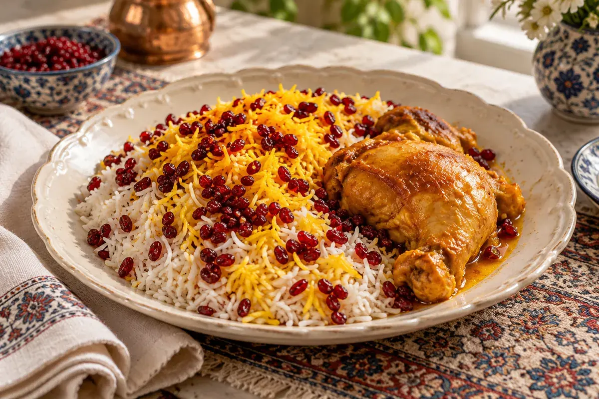 زرشکپلو با مرغ زعفرانی و زرشک در بشقاب
