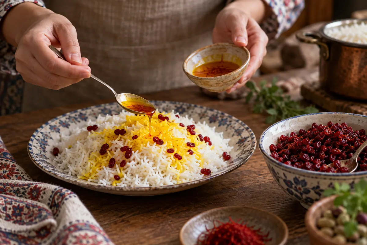 ریختن محلول زعفران روی زرشکپلو