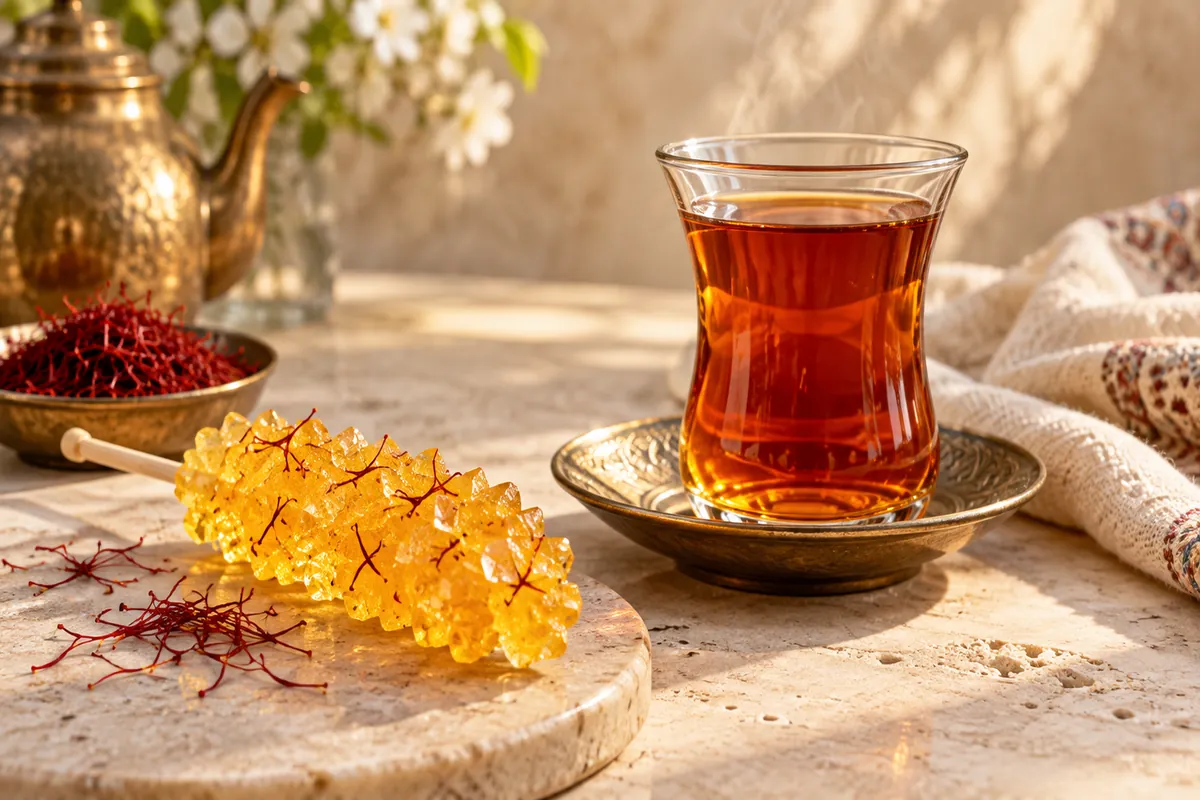 نبات زعفرانی چوبی کنار استکان چای و رشتههای زعفران